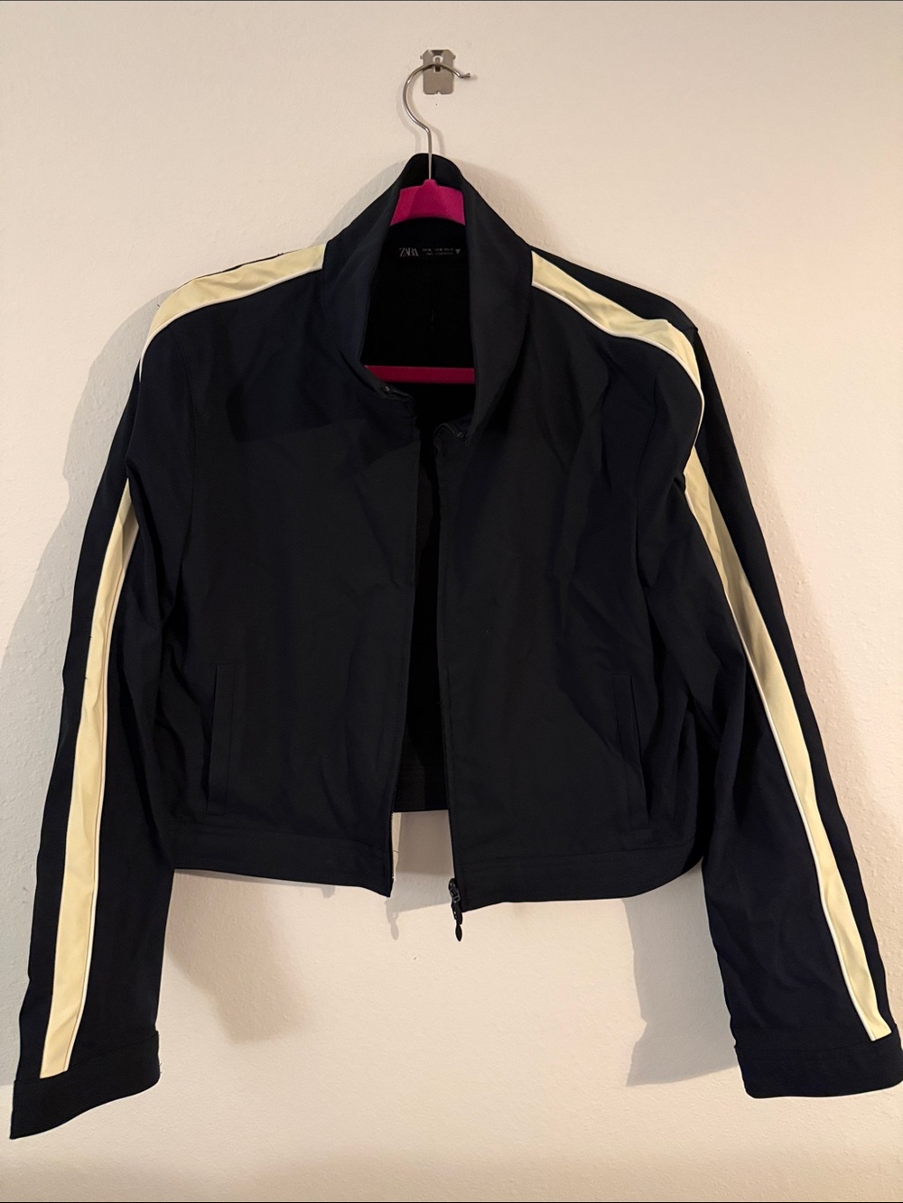 Zara Black Bomber Jacket with Cream Stripes